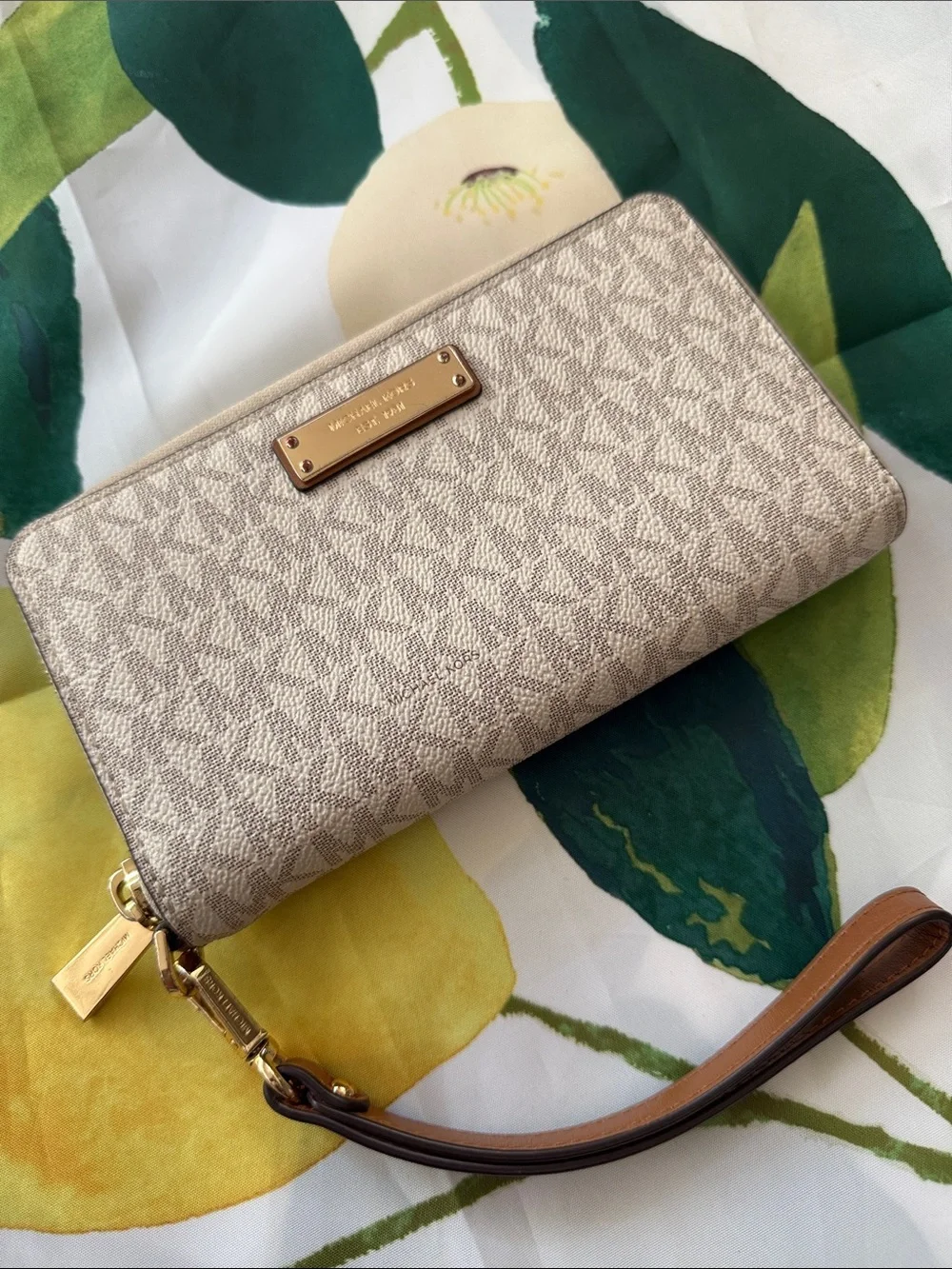 Michael Kors Beige Signature Zip Wristlet with Gold Hardware